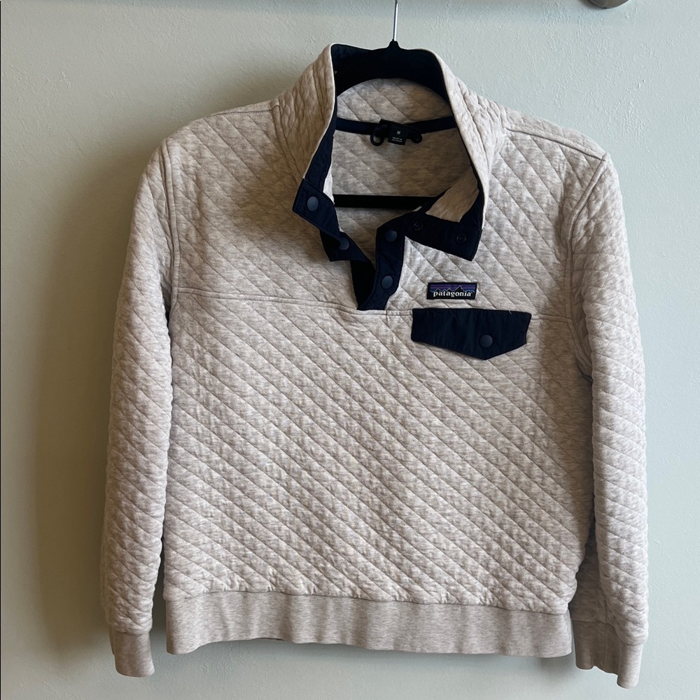 Patagonia Women’s Quilted Zip Pullover - Beige with Navy Trim